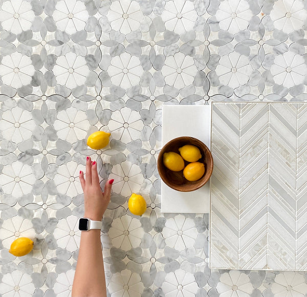 Daisy Dahlia Waterjet Mosaic Thassos Carrara and Mother of Pearl All Marble Tiles