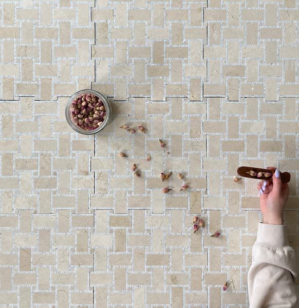 Crema Marfil Basketweave Mosaic Tile with Pure White Marble| Kitchen Backsplash Mosaic| Bathroom Floor Tile| Wall Mosaic| Accent Tile| Shower Tile All Marble Tiles