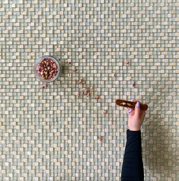 Glass Mosaic Tile Mix Crema Marfil and Glass for Back Splash | Kitchen and Bathroom Tile Ideas | Trendy Marble Tile Design All Marble Tiles