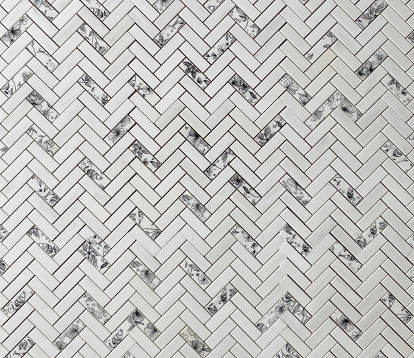 Dolomite Marble Soft Touch Mosaic: Herringbone Black Flower| Elegant Wall & Floor Décor Tile| Kitchen Backsplash| Bathroom Accent| Timeless Design| Marble Herringbone Tile All Marble Tiles