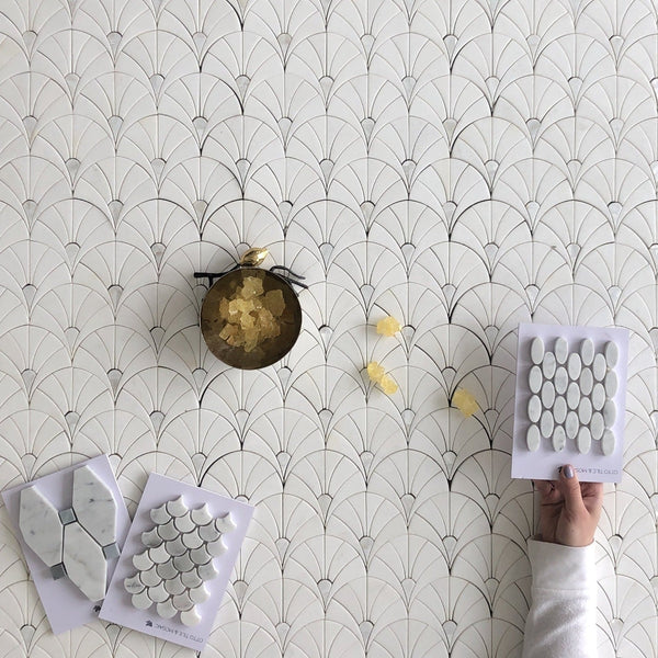 Fan Waterjet Mosaic Thassos and Mother of Pearl All Marble Tiles