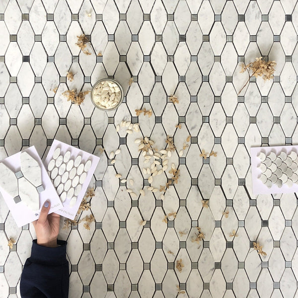 Elongated Octagon Waterjet Mosaic With Bianco Carrara & Blue Stone Dot All Marble Tiles