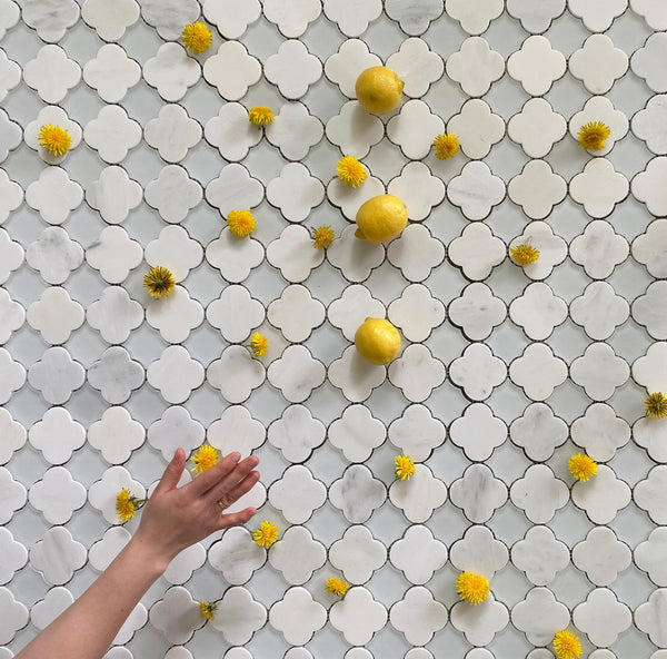 Flower Waterjet Mosaic Arabescato and Frosted Glass All Marble Tiles