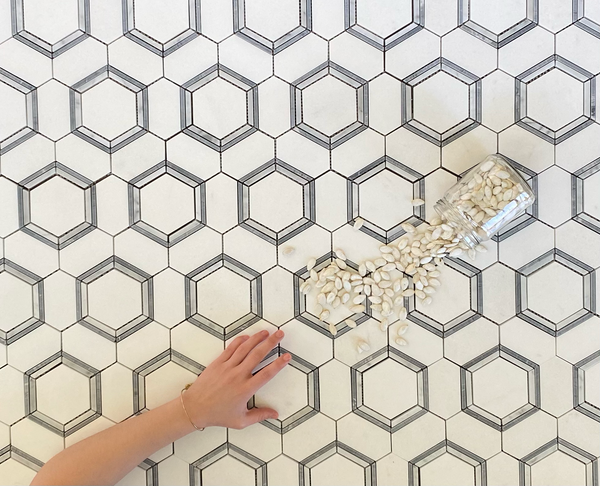 Favo Waterjet Mosaic Polished Thassos With Carrara & Grey All Marble Tiles