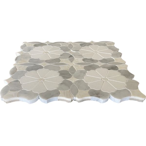 Daisy Dahlia Waterjet Mosaic Thassos Carrara and Mother of Pearl All Marble Tiles