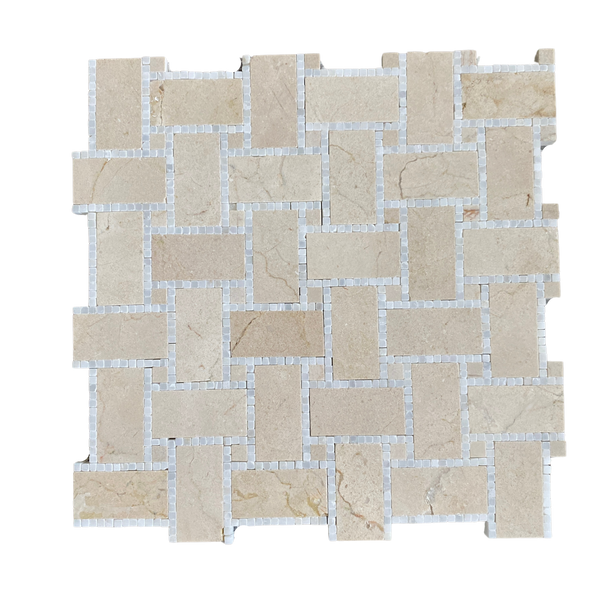 Crema Marfil Basketweave Mosaic Tile with Pure White Marble| Kitchen Backsplash Mosaic| Bathroom Floor Tile| Wall Mosaic| Accent Tile| Shower Tile All Marble Tiles