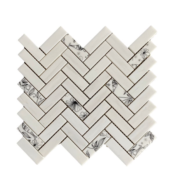 Dolomite Marble Soft Touch Mosaic: Herringbone Black Flower| Elegant Wall & Floor Décor Tile| Kitchen Backsplash| Bathroom Accent| Timeless Design| Marble Herringbone Tile All Marble Tiles