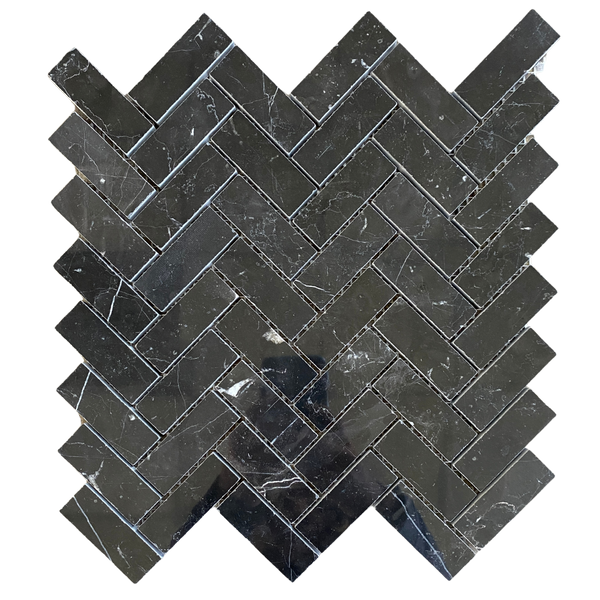 Nero Marquina Marble Mosaic Polished Heringbone 1"x2.5" All Marble Tiles