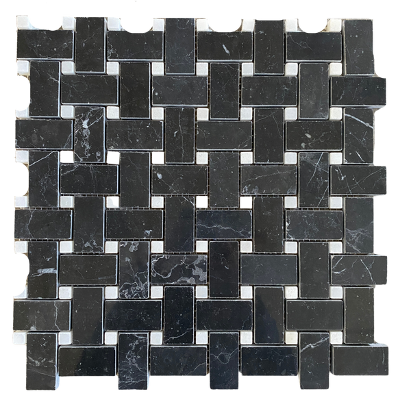 Nero Marquina Marble Mosaic Polished Basketweave with White Dot All Marble Tiles