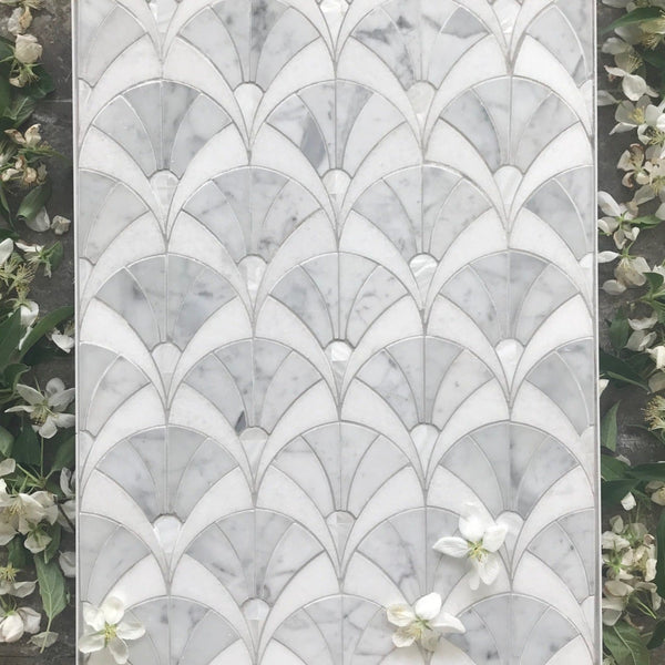 Fan Waterjet Mosaic Carrara Thassos and Mother of Pearl All Marble Tiles