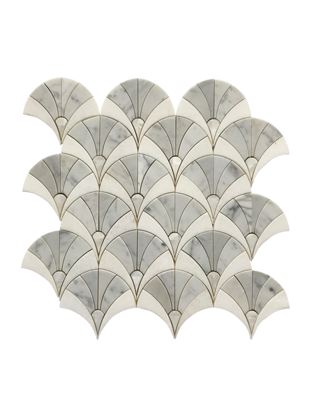 Fan Waterjet Mosaic Carrara Thassos and Mother of Pearl All Marble Tiles
