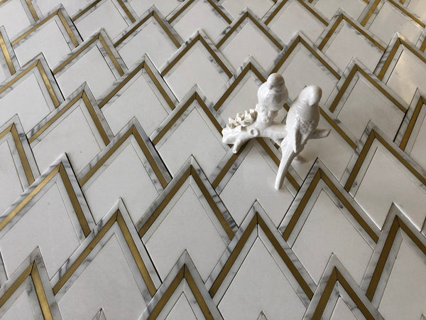 Peak Waterjet Mosaic Calacatta Gold Thassos and Brass All Marble Tiles
