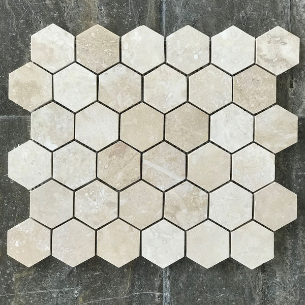 Light Travertine Hexagon 2" Filled & Honed Mosaic All Marble Tiles