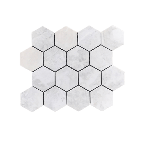 Alicha Hexagon 3" Polished Mosaic Backsplash Kitchen | Shower Mosaic Tile | White/Grey Hexagon Tile |  Luxury Mosaic Tile | Bathroom Floor Tile | Wall Tile All Marble Tiles