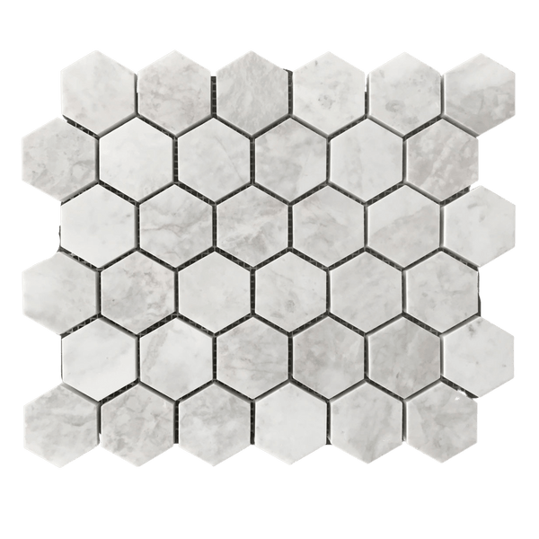 Alicha Hexagon 2" Polished Marble Mosaic White/Grey Tile | Shower Mosaic | Kitchen Backsplash Tile | Floor Tile | Wall Tile | White/Grey Hexagon Mosaic | All Marble Tiles