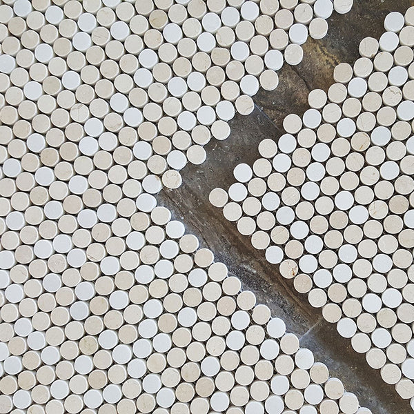 Penny Round Mosaic Thassos and Crema Marfil Marble Mix All Marble Tiles