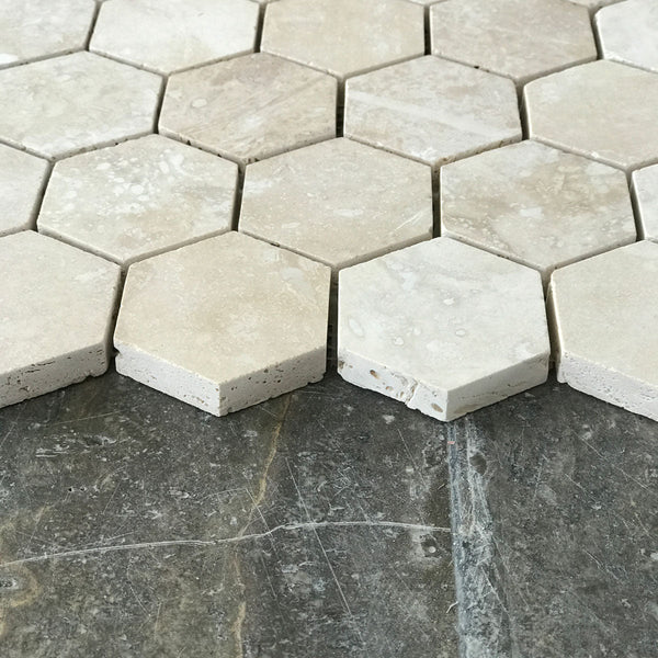 Light Travertine Hexagon 2" Filled & Honed Mosaic All Marble Tiles