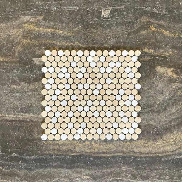 Penny Round Mosaic Thassos and Crema Marfil Marble Mix All Marble Tiles