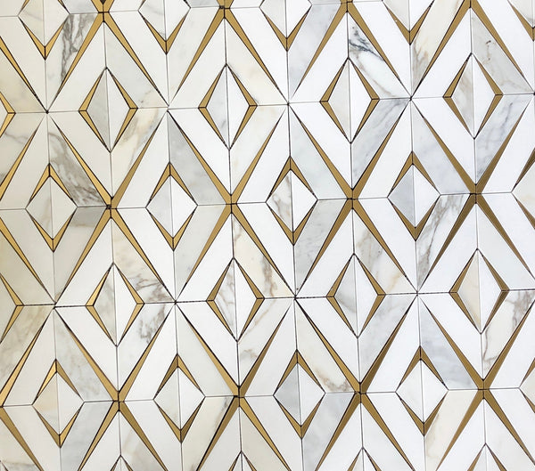 Diamond Waterjet Mosaic With Calacatta, Brass, & Thassos All Marble Tiles