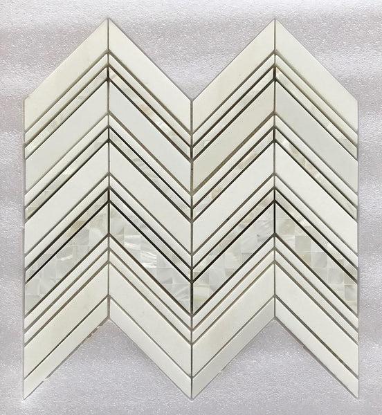 Chevron Waterjet Mosaic Pure White and Mother of Pearl All Marble Tiles