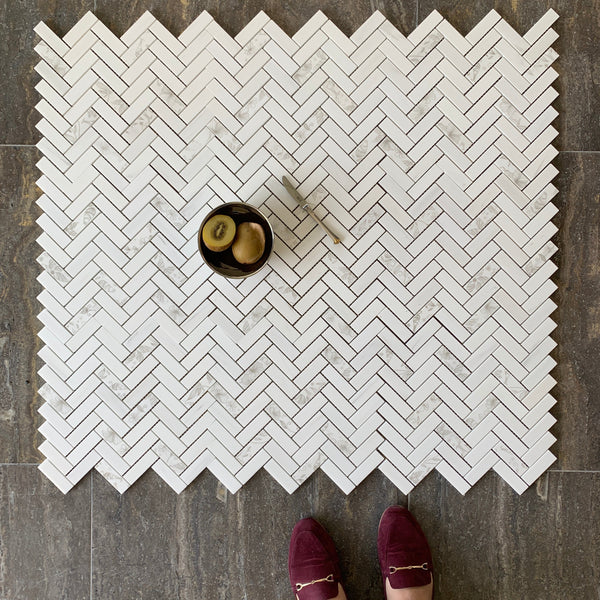 Dolomite Marble Soft Touch Mosaic Herringbone With White Flower All Marble Tiles