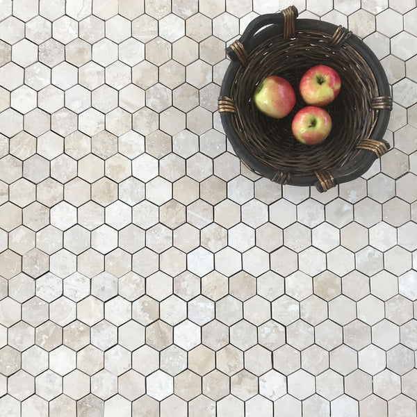 Light Travertine Hexagon 2" Filled & Honed Mosaic All Marble Tiles