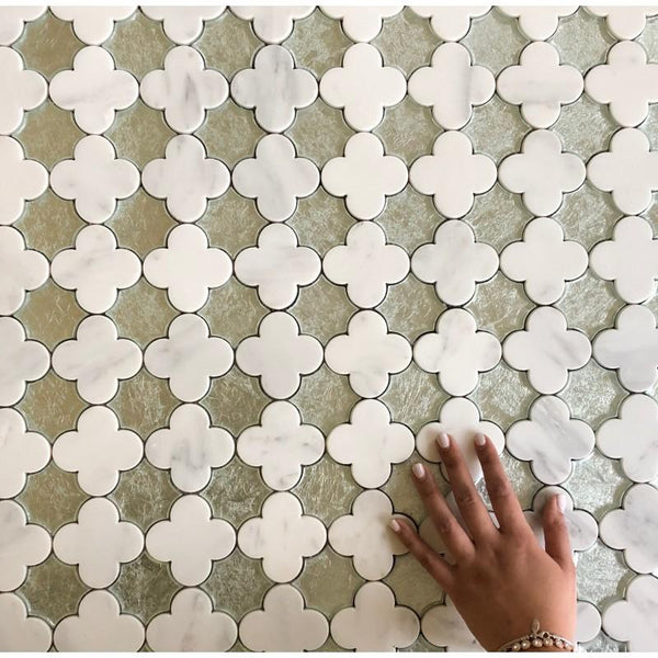 Flower Waterjet Mosaic Arabescato and Frosted Glass All Marble Tiles