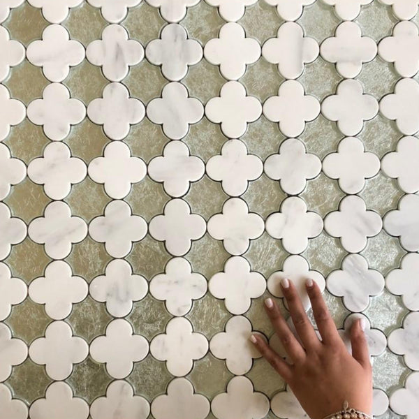Flower Waterjet Mosaic Arabescato and Silver Glass All Marble Tiles