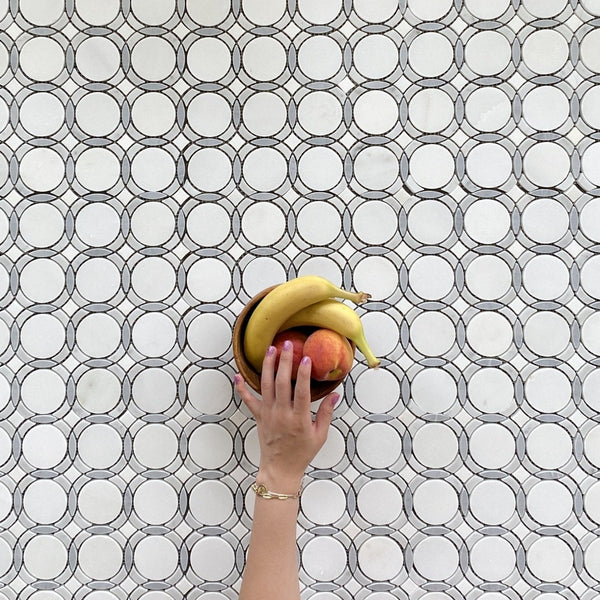 Infinity Waterjet Mosaic Pure White Carrara and Bardiglio All Marble Tiles