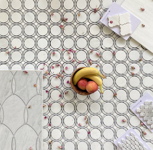 Infinity Waterjet Mosaic Pure White Carrara and Bardiglio All Marble Tiles