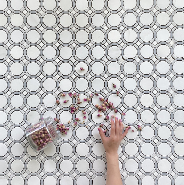 Infinity Waterjet Mosaic Pure White Carrara and Bardiglio All Marble Tiles