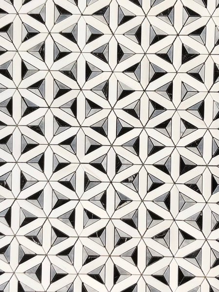 Delta Waterjet Mosaic with Dolomite, Ocean Grey, & Nero All Marble Tiles