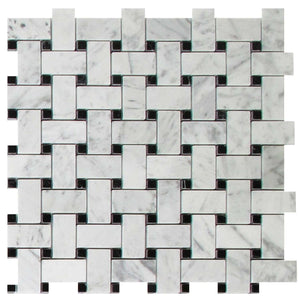 Bianco Carrara Marble Basketweave With Black Dots Mosaic Honed All Marble Tiles