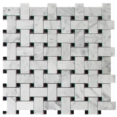 Bianco Carrara Marble Basketweave With Black Dots Mosaic Polished All Marble Tiles