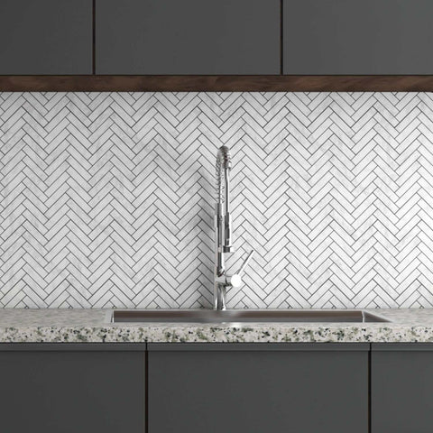 Alicha White Marble Mosaic Polished Herringbone Backsplash| White Herringbone Backsplash| Herringbone White Tile| White Bathroom Tile| Herringbone Pattern Marble Tile All Marble Tiles