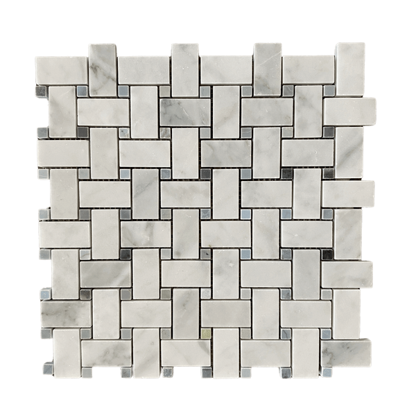 Bianco Carrara Marble Basketweave With Blue Stone Dot Mosaic Polished All Marble Tiles