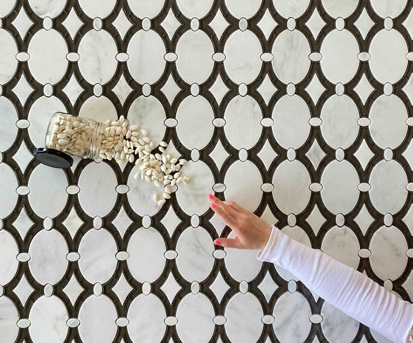 Antique Arabescato and Gray Glass Clear Waterjet Mosaic Unique Kitchen Backsplash Mosaic Tile| Waterjet Tile Design| Back Splash Tile| Backsplash for Kitchen All Marble Tiles