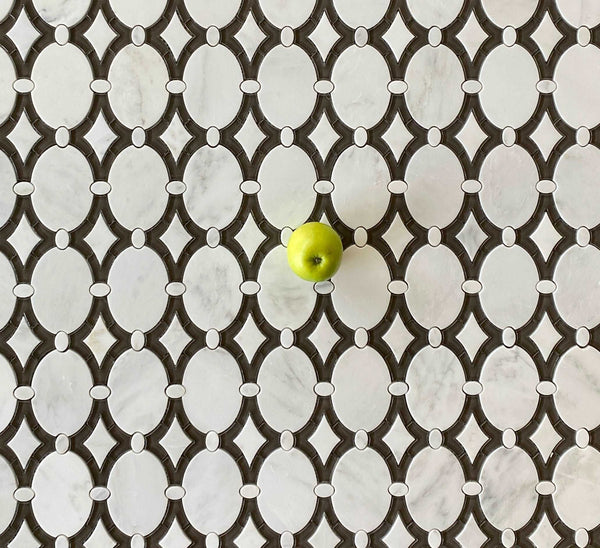 Antique Arabescato and Gray Glass Clear Waterjet Mosaic Unique Kitchen Backsplash Mosaic Tile| Waterjet Tile Design| Back Splash Tile| Backsplash for Kitchen All Marble Tiles