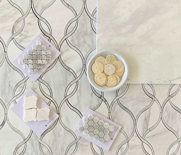 Arabescato And Carrara Harmony Waterjet Design White and Grey Waterjet Tile Trends| Accent Wall Backsplash| Kitchen Tile Back Splash| Marble Tile Backsplash All Marble Tiles