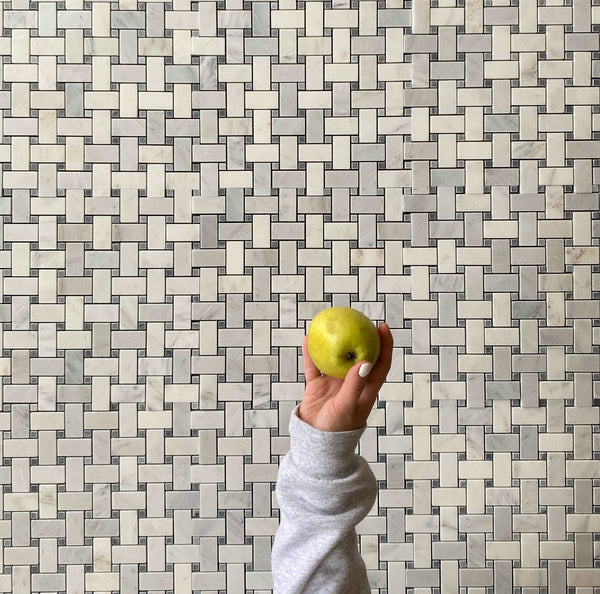 Arabescato Basketweave With Blue Dot Polished Tile for Bathroom Floor| Shower Mosaic| Shower Tile| Wall Tile| Basketweave Backsplash Tile| Kitchen Bask Splash Mosaic| All Marble Tiles