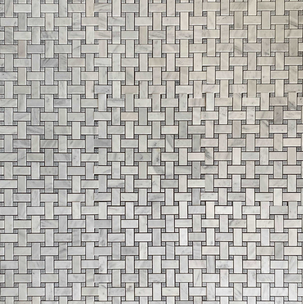 Bianco Carrara Basketweave Mosaic with Bardiglio Dot Honed For Floor and Wall| Backsplash Mosaic| Kitchen Mosaic| bathroom Floor| Shower Tile| White Marble All Marble Tiles