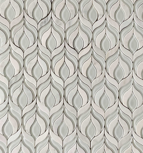 Botanica Waterjet Mosaic Arabescato and White Glass Clear All Marble Tiles