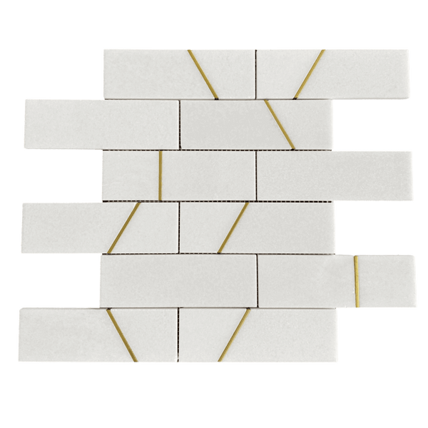 Abstract Thassos & Brass Marble Mosaic - Waterjet Backsplash Tile | White & Gold Accent | Suitable for Kitchen, Shower, Floor & Wall All Marble Tiles