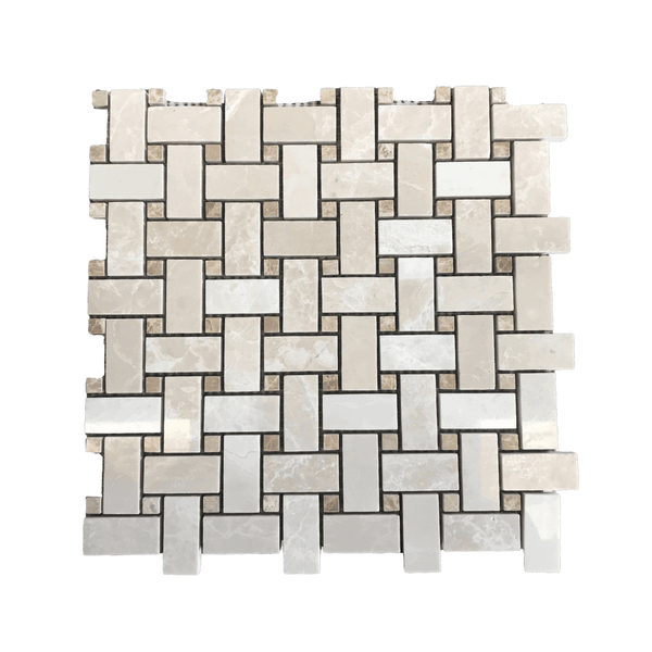 Botticino Polished Marble Basketweave Mosaic With Light Emperador Dots All Marble Tiles