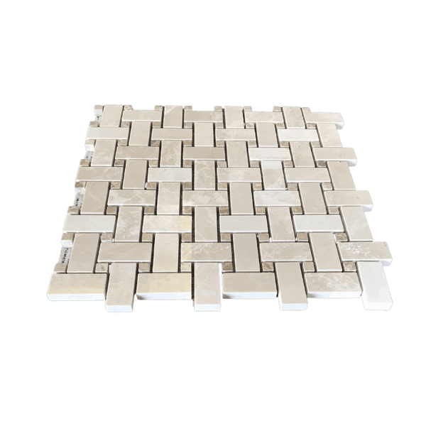 Botticino Marble Basketweave Mosaic With Light Emperador Dots All Marble Tiles