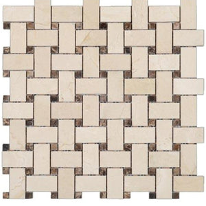 Crema Marfil Polished Marble Basketweave With Dark Emperador Dots All Marble Tiles