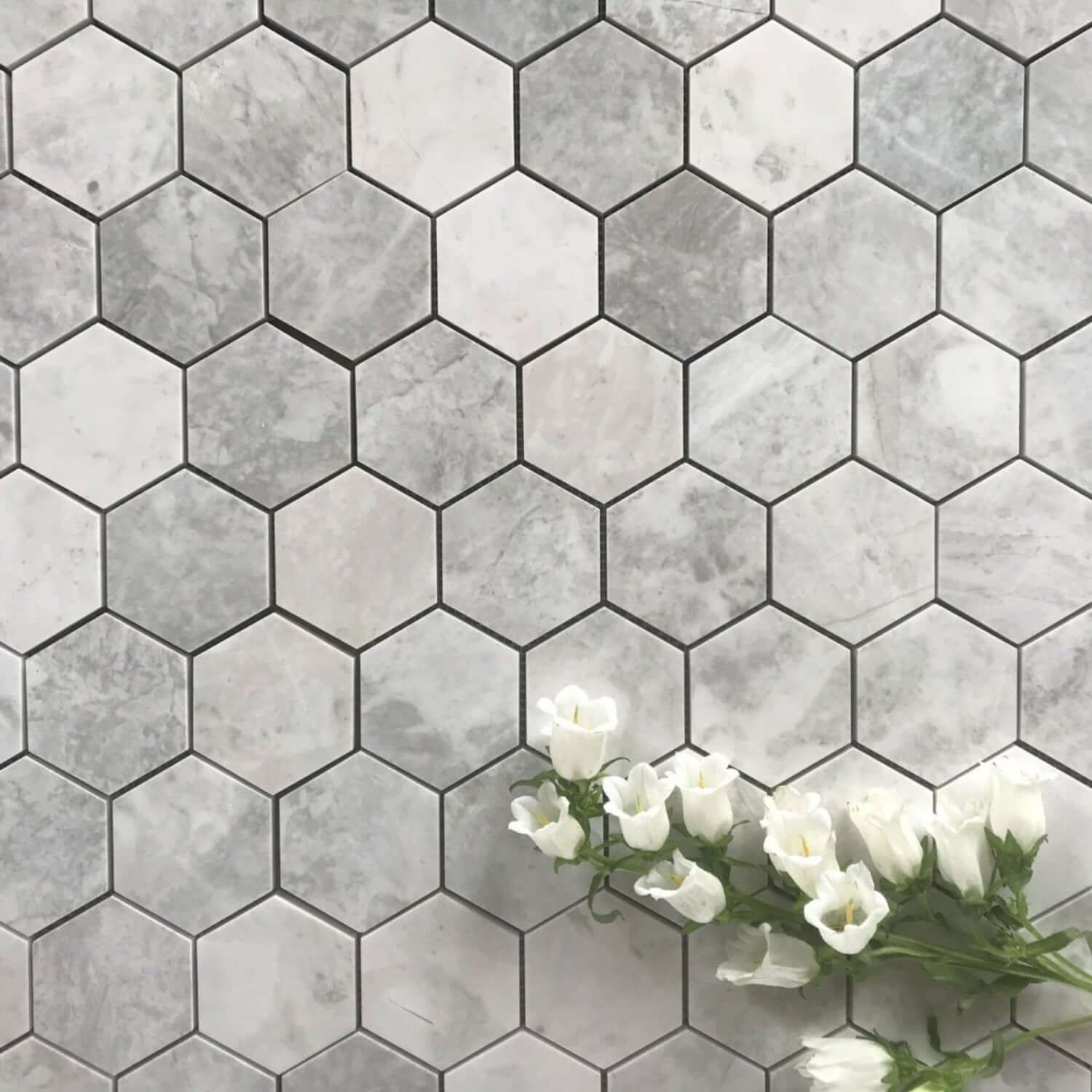 Alicha Hexagon 3" Polished Mosaic Backsplash Kitchen | Shower Mosaic Tile | White/Grey Hexagon Tile |  Luxury Mosaic Tile | Bathroom Floor Tile | Wall Tile All Marble Tiles