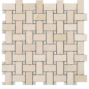 Crema Marfil Polished Marble Basketweave With White Carrara Marble Dot All Marble Tiles