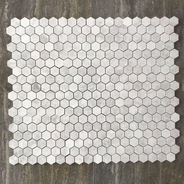 Alicha Hexagon 2" Polished Marble Mosaic White/Grey Tile | Shower Mosaic | Kitchen Backsplash Tile | Floor Tile | Wall Tile | White/Grey Hexagon Mosaic | All Marble Tiles