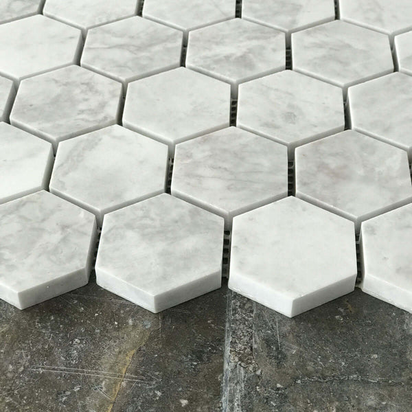 Alicha Hexagon 2" Polished Marble Mosaic White/Grey Tile | Shower Mosaic | Kitchen Backsplash Tile | Floor Tile | Wall Tile | White/Grey Hexagon Mosaic | All Marble Tiles